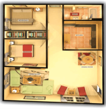 Floor plan for 2 beds, 1 bath, 900 sqft